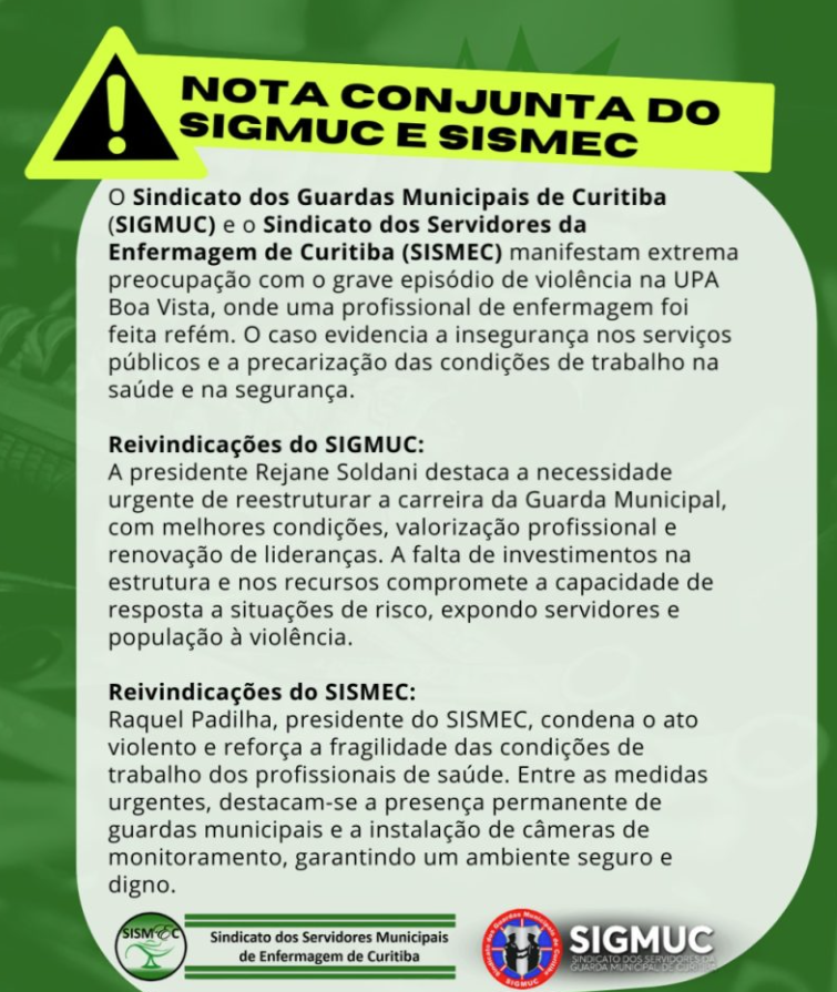 Nota Conjunta do SIGMUC e SISMEC sobre a situação na UPA Boa Vista