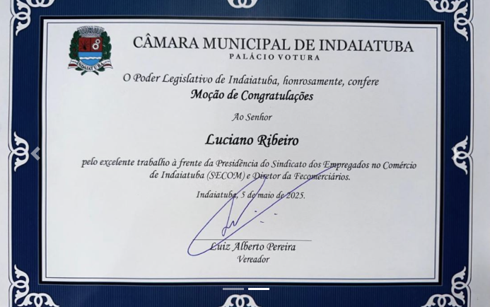 Câmara Municipal de Indaiatuba concede Moção de Congratulação a Luciano Ribeiro