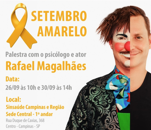 Psicólogo e palhaço, Rafael Magalhães apresenta palestra sobre saúde mental no Sinsaúde dias 26 e 30