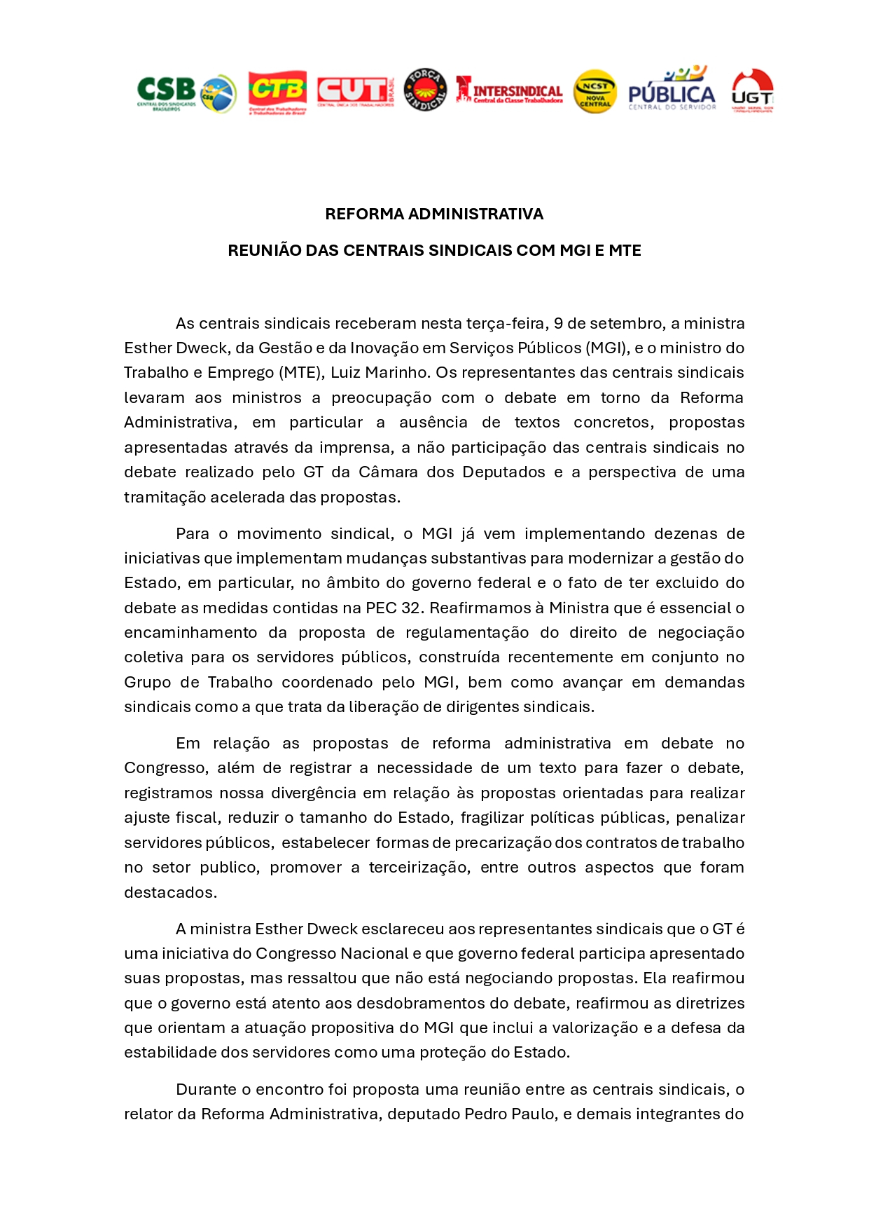 REFORMA ADMINISTRATIVA REUNIÃO DAS CENTRAIS SINDICAIS COM MGI E MTE