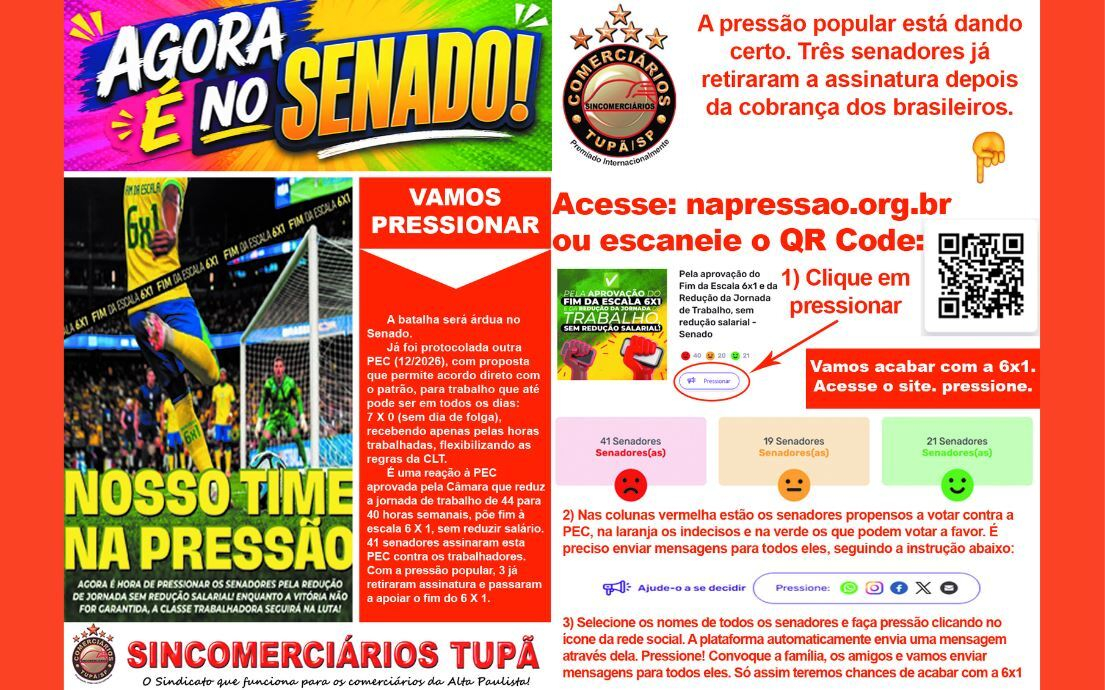 Sincomerciários Tupã amplia mobilização para pressionar Senado pela aprovação integral da PEC que acaba com a escala 6x1
