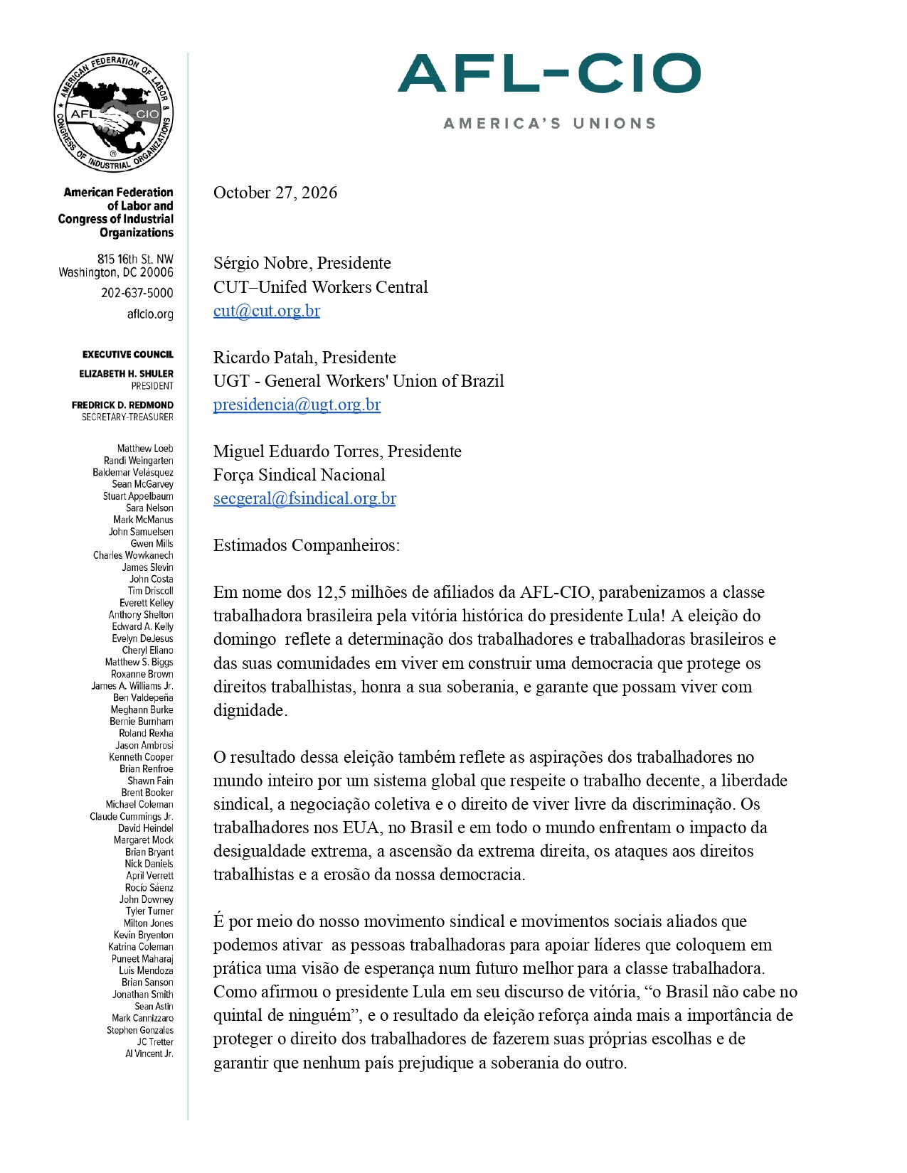 A carta da AFL-CIO aos presidentes das centrais