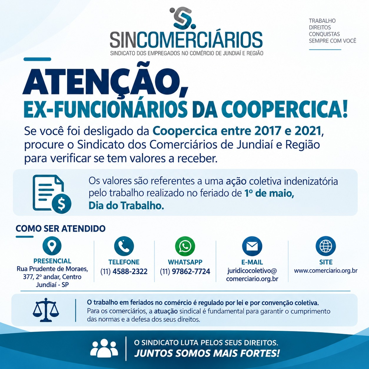 Ação coletiva vitoriosa indeniza ex-funcionários da Coopercica em Jundiaí