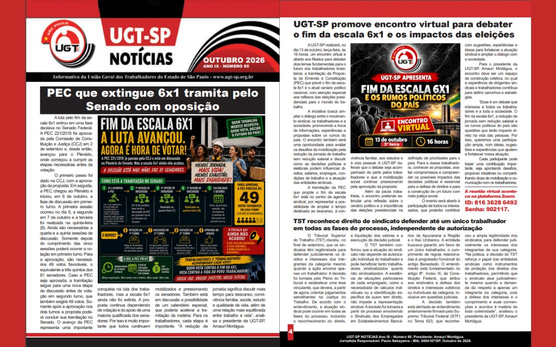 Nova edição do jornal ‘UGT-SP Notícias’ já está disponível para leitura