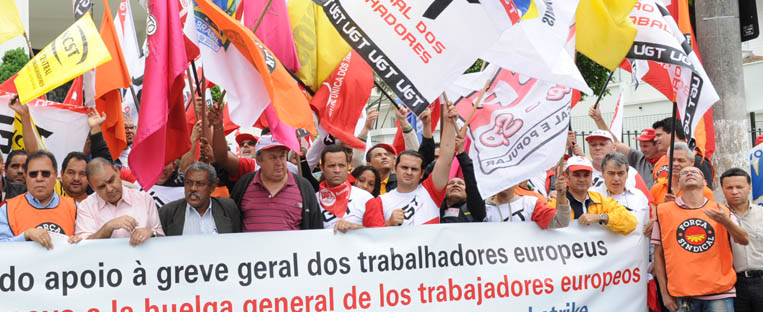Ato unifica UGT e centrais sindicais brasileiras# em solidariedade a greve geral europeia