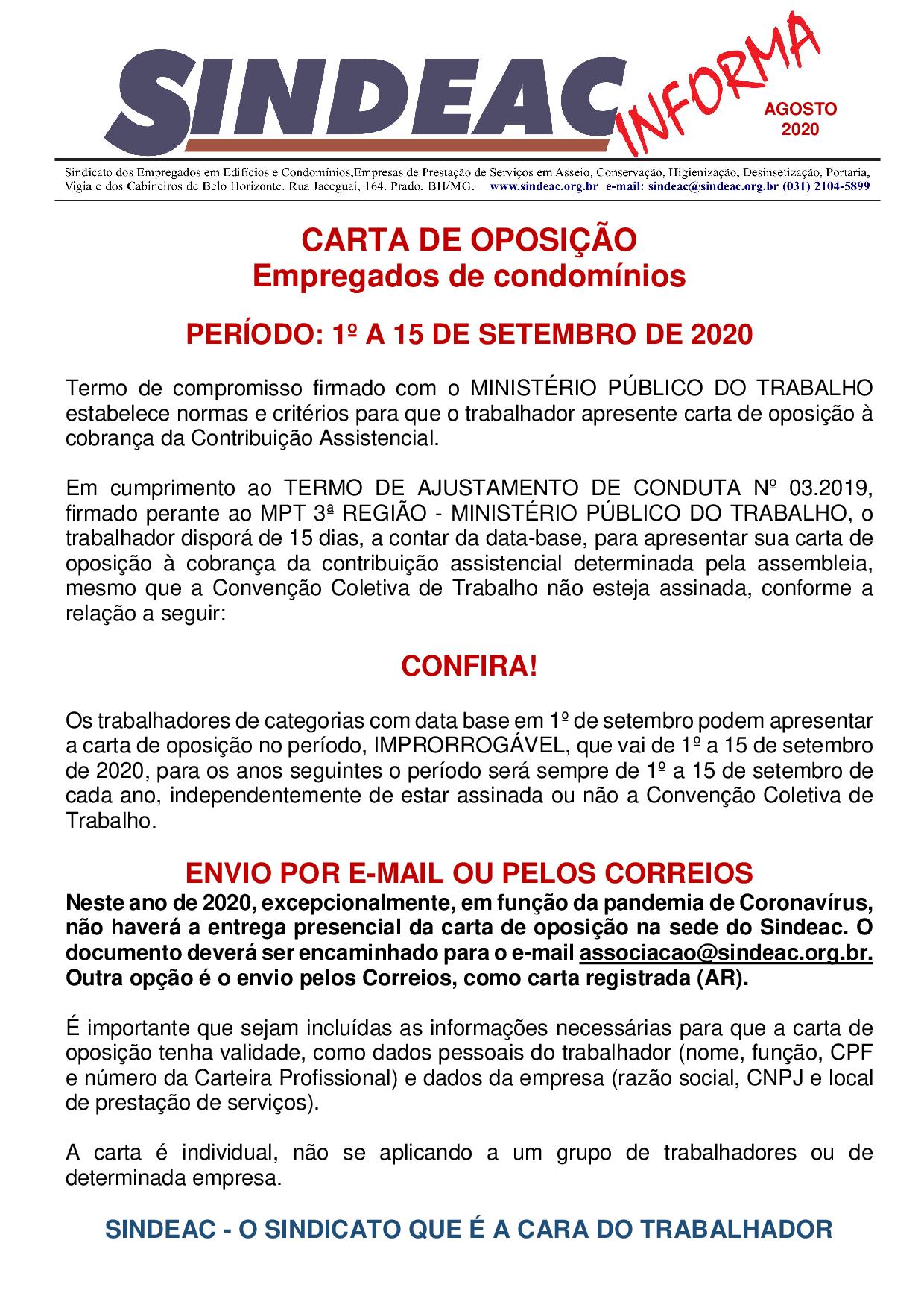 Carta de oposição: empregados de condomínio