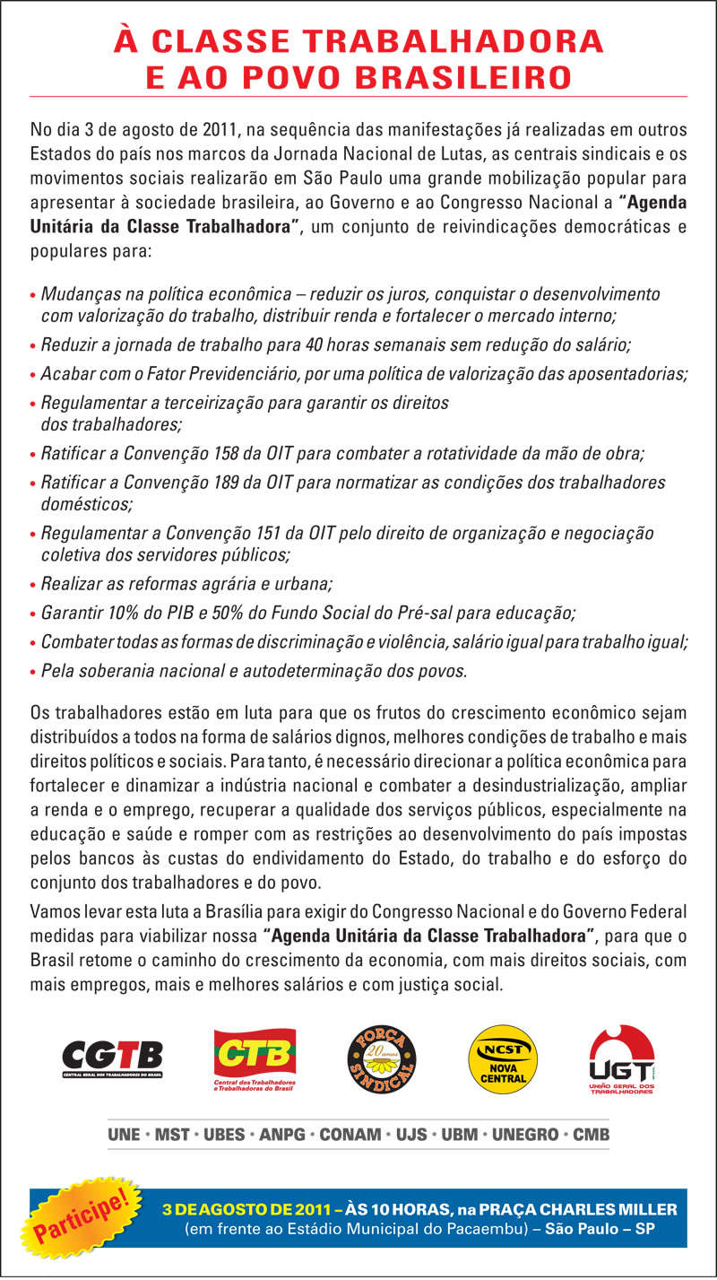 Centrais sindicais realizam ato unitário em São Paulo