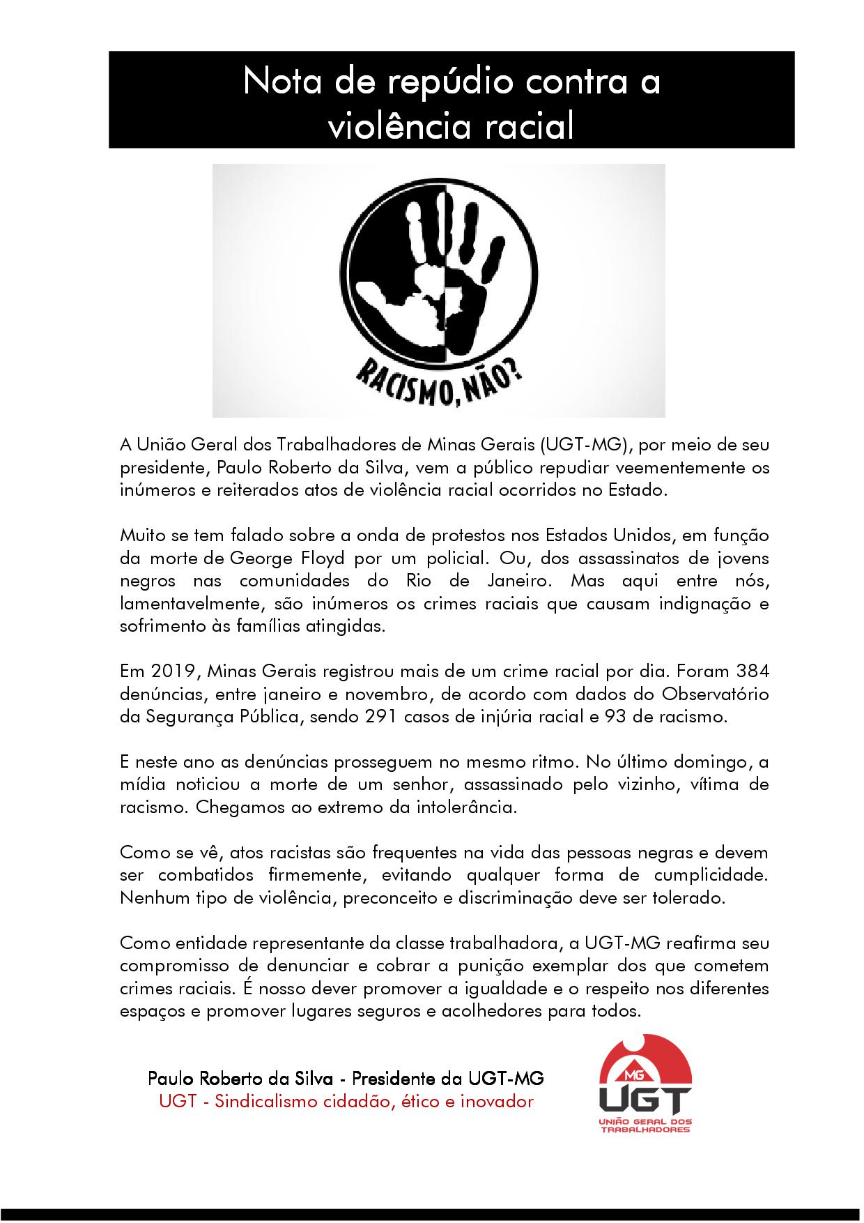 Nota de repúdio contra o racismo