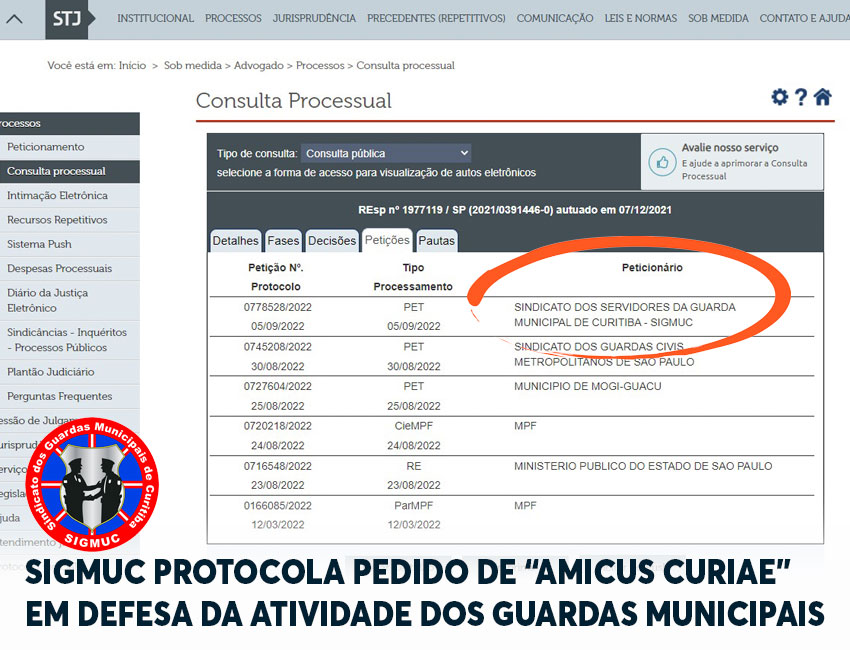 SIGMUC PROTOCOLA PEDIDO DE “AMICUS CURIAE” EM DEFESA DA ATIVIDADE DOS GUARDAS MUNICIPAIS