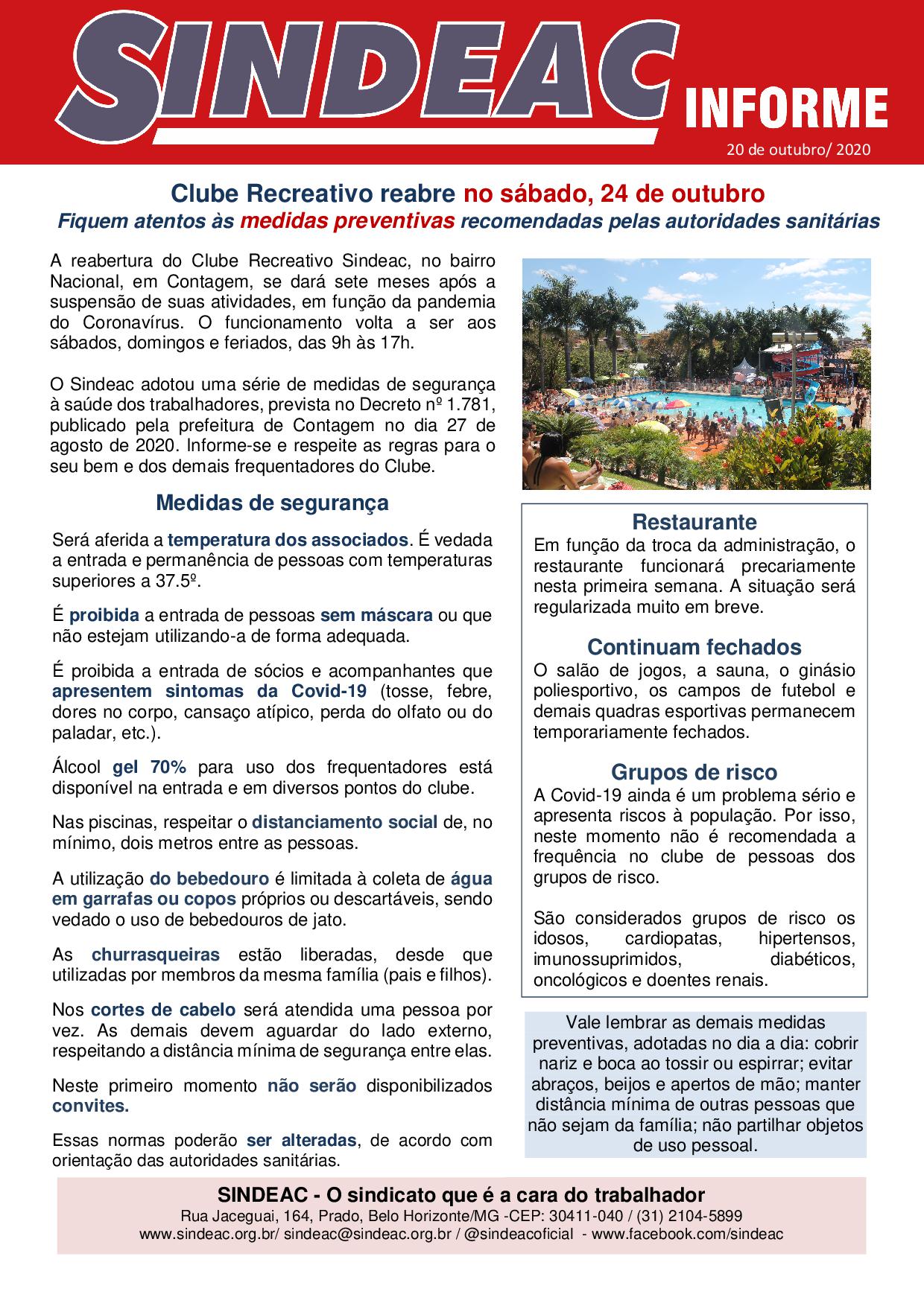 SINDEAC INFORMA: CLUBE REABRE NO SÁBADO, 24/10