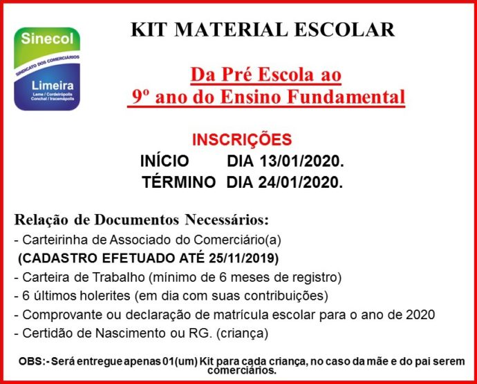 Sindicato dos Comerciários de Limeira abre inscrição para retirada do MATERIAL ESCOLAR 2020