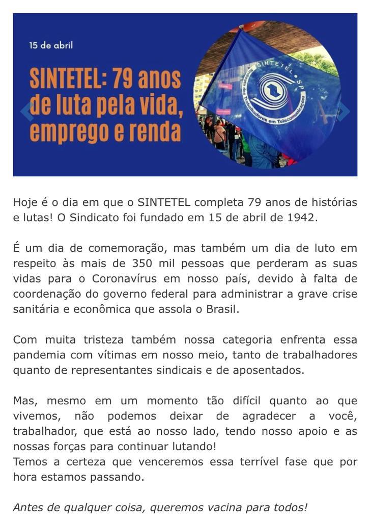 Sintetel: 79 anos de luta pela vida, emprego e renda